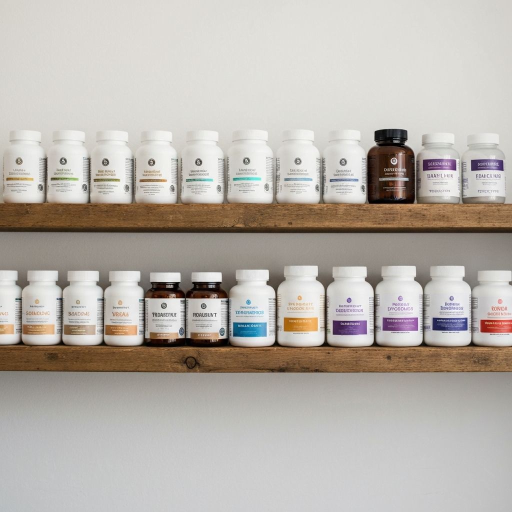 Supplement bottles arranged on wooden shelf