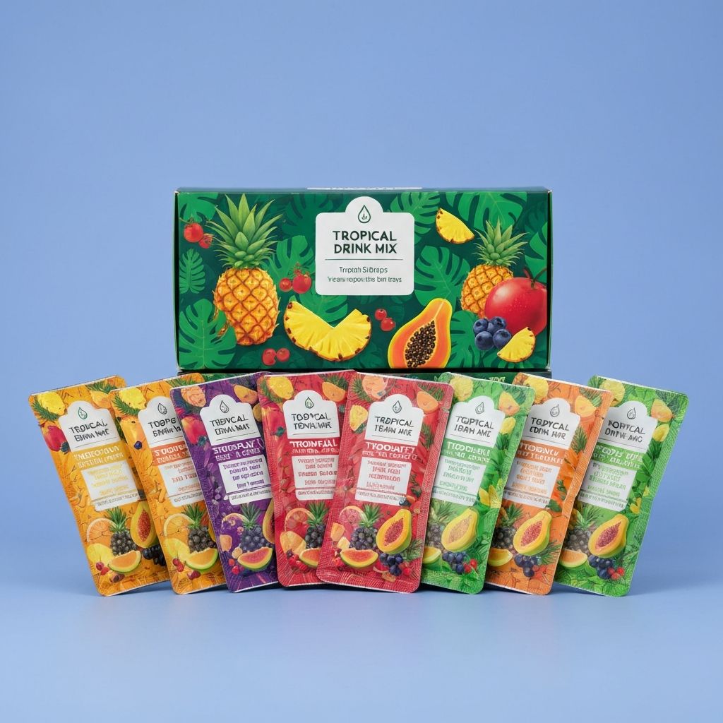 Electrolyte drink mix sachet with tropical fruit design
