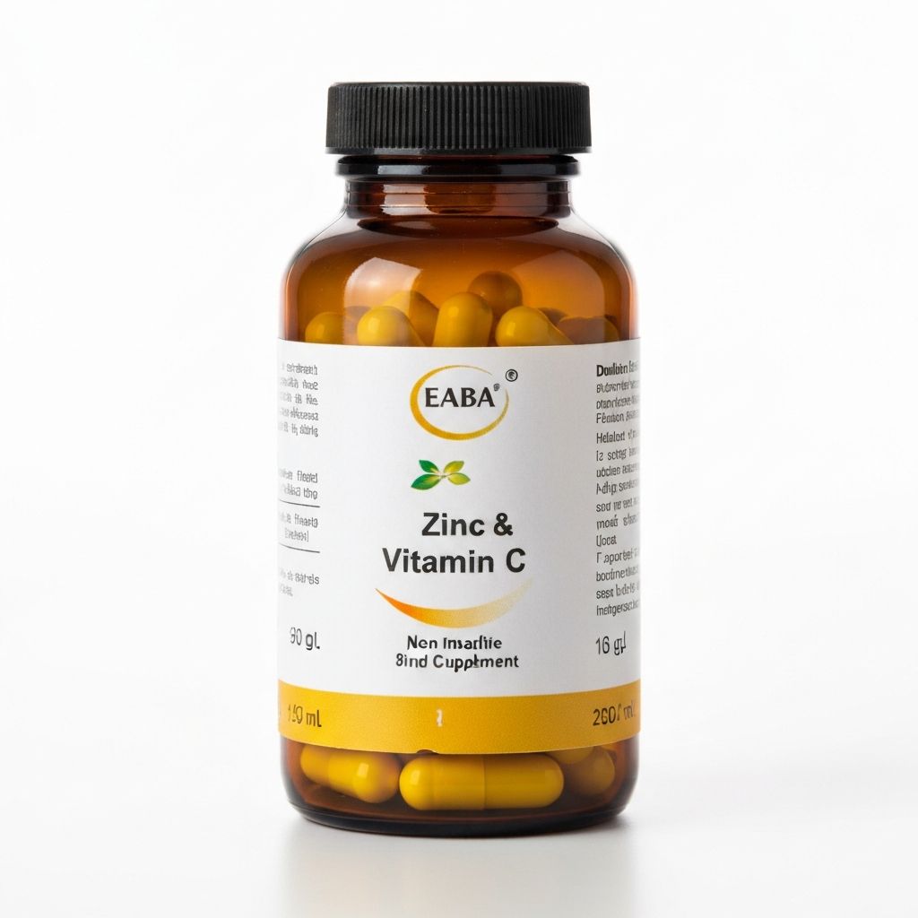 Zinc and vitamin C supplement capsules in amber bottle