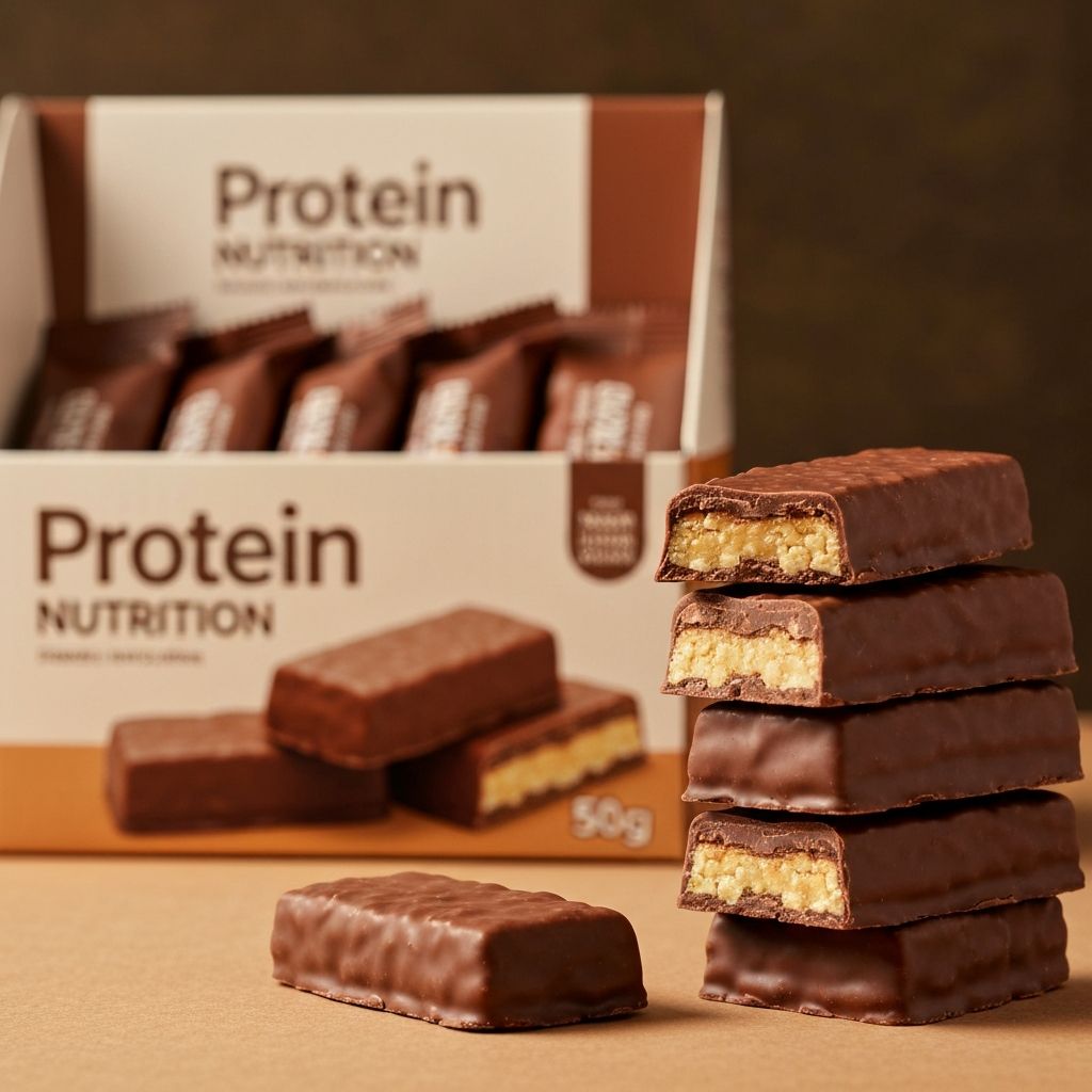 Protein bars stacked showing chocolate coating