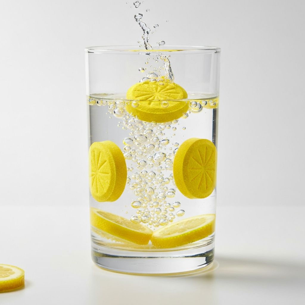 Hydration tablets dissolving in clear water glass
